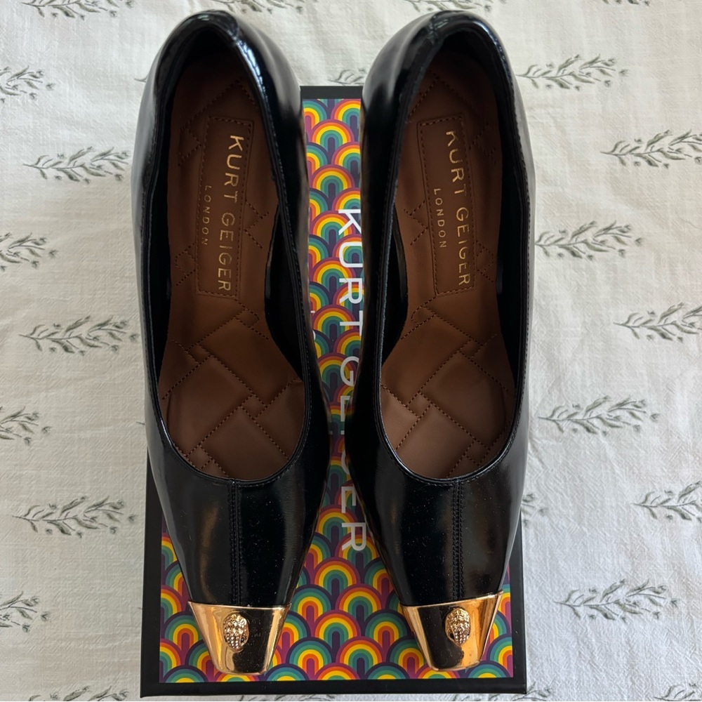 Kurt Geiger “Regent Court” Black Heels with Gold Snake Head Tips